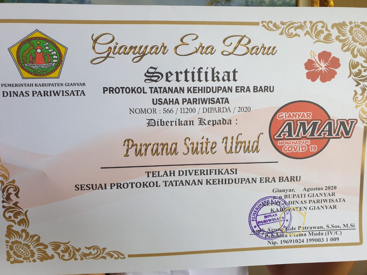 New Normal Certificate for Purana Suite Ubud.